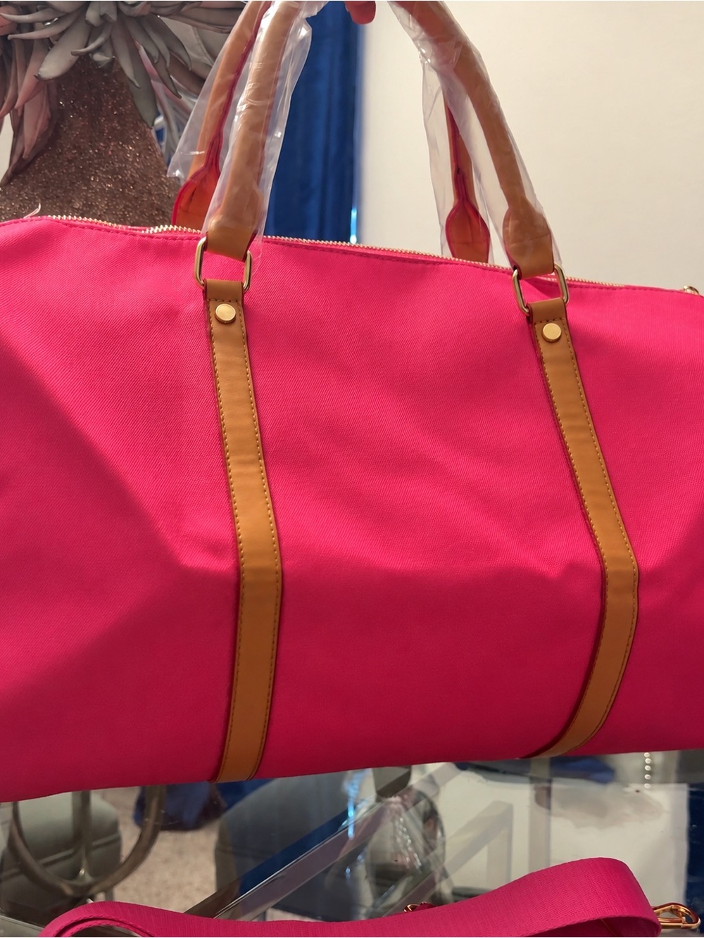 Hot Pink Canvas Weekender Bag with Tan Accents